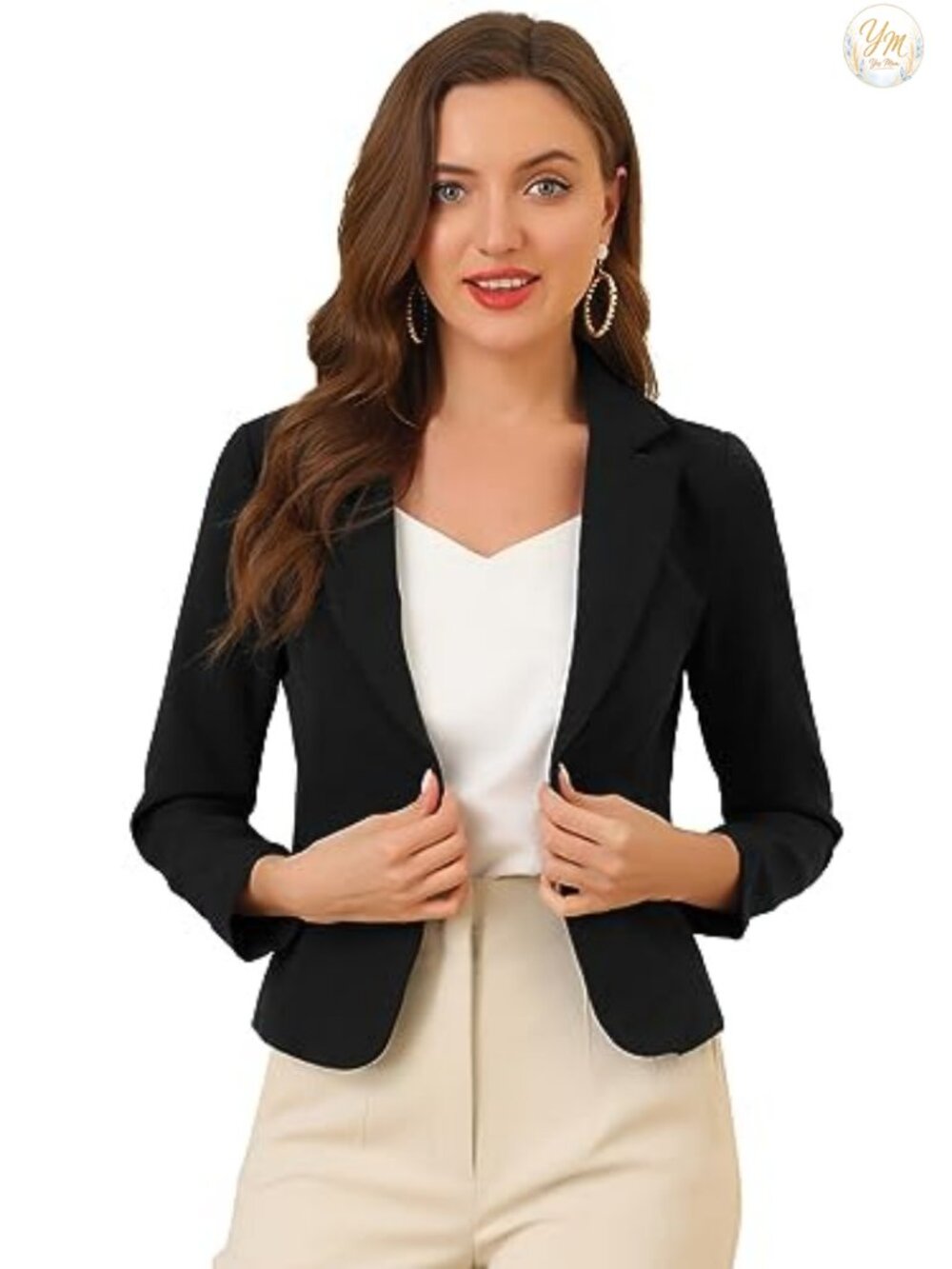 Lightweight Crop Blazer Open Front Notched Lapel Fully Lined Women's Office